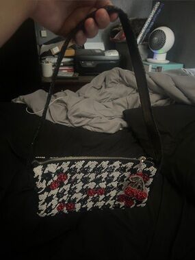 Beaded & Sequin Houndstooth Cherry Shoulder Bag - Black & White with Red Accent